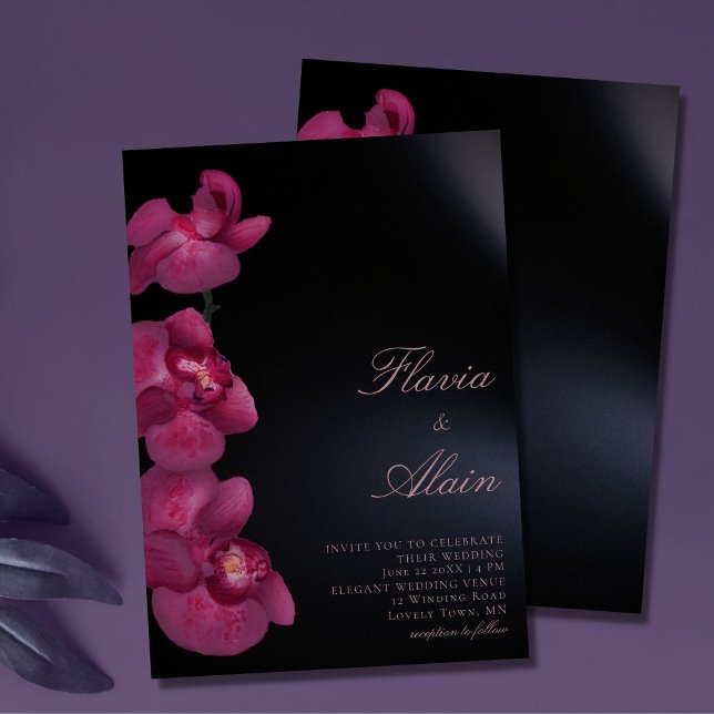 Purple Orchid Moody Dark Calligraphy Chic Wedding Invitation (Creator Uploaded)