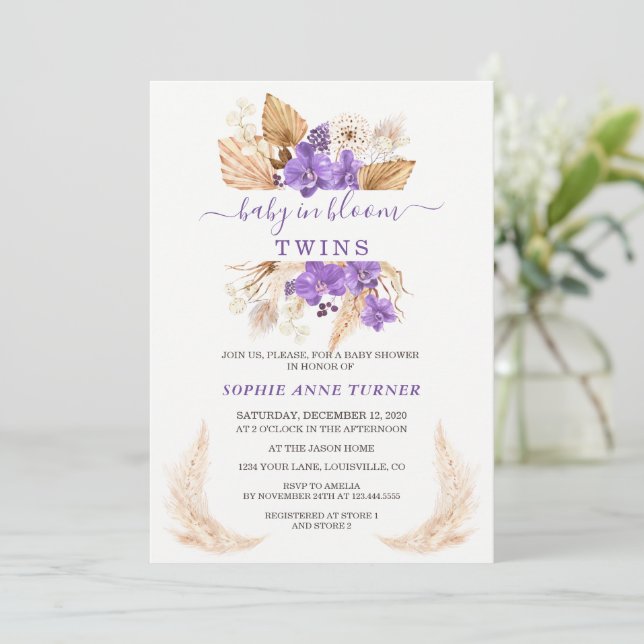 Purple Orchid Pampas Grass Lunaria Baby in Bloom  Invitation (Standing Front)