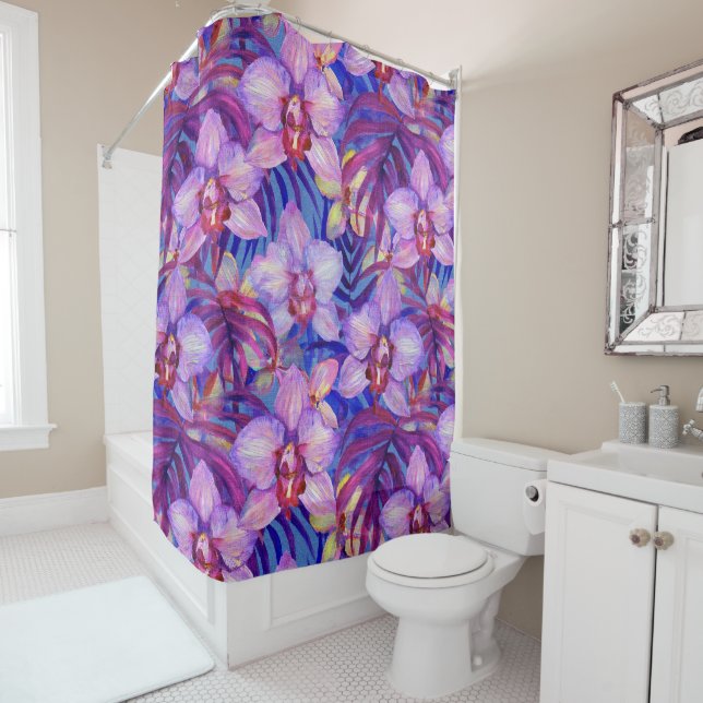 Purple orchid pattern shower curtain (In Situ)