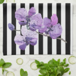 Purple Orchid Stripe Watercolor Flower Tea Towel<br><div class="desc">Black and white stripe tote with beautiful purple watercolor orchid flower design kitchen towel.</div>