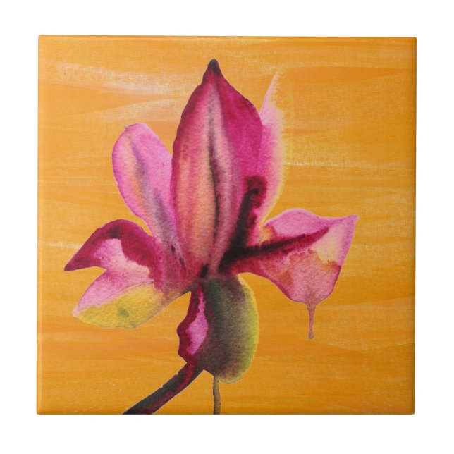 Purple Orchid watercolour orange pop art flower Ceramic Tile (Front)