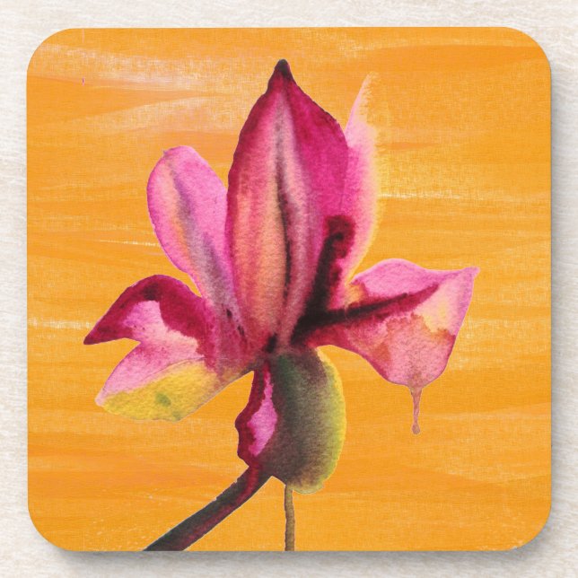Purple Orchid watercolour orange pop art flower Coaster (Front)