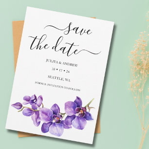 Purple Orchid white script unique wedding Save The Date