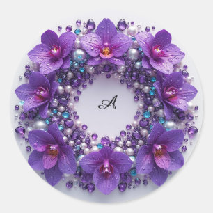 Purple Orchid Wreath Decor With Pearls Classic Round Sticker