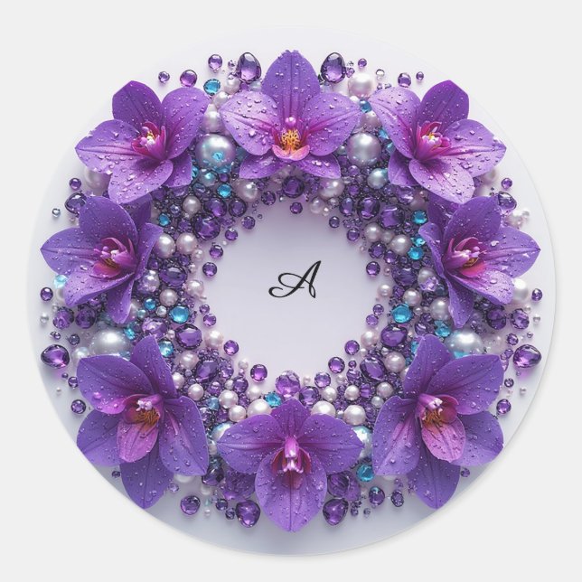 Purple Orchid Wreath Decor With Pearls Classic Round Sticker (Front)