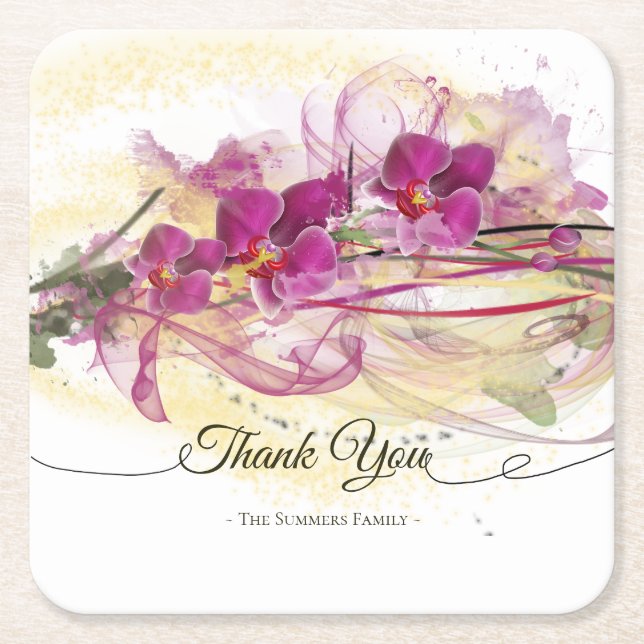 Purple Orchids Abstract Art Calligraphy Square Paper Coaster (Front)