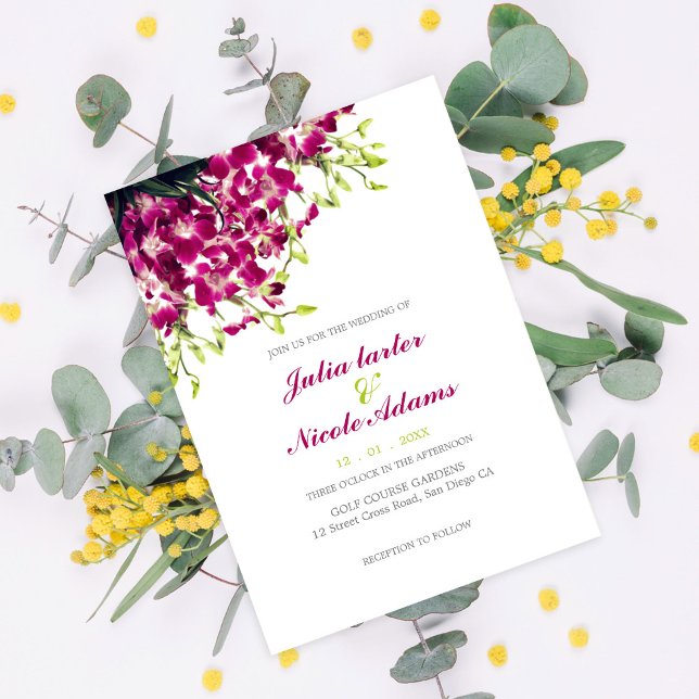 Purple Orchids Floral Botanical Branch Wedding Invitation (Creator Uploaded)