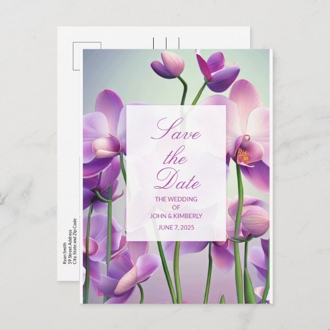 Purple Orchids Floral Wedding Save Date Postcard (Front/Back)