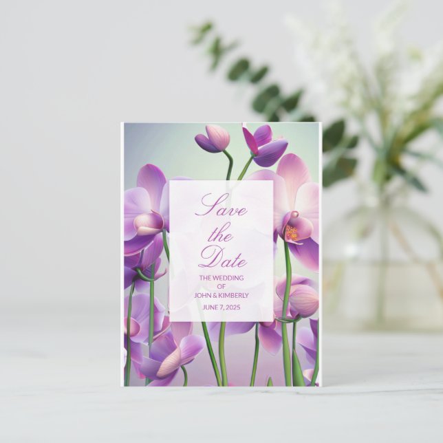 Purple Orchids Floral Wedding Save Date Postcard (Standing Front)