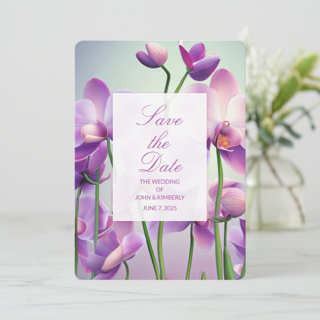 Purple Orchids Floral Wedding Save the Date Card (Standing Front)