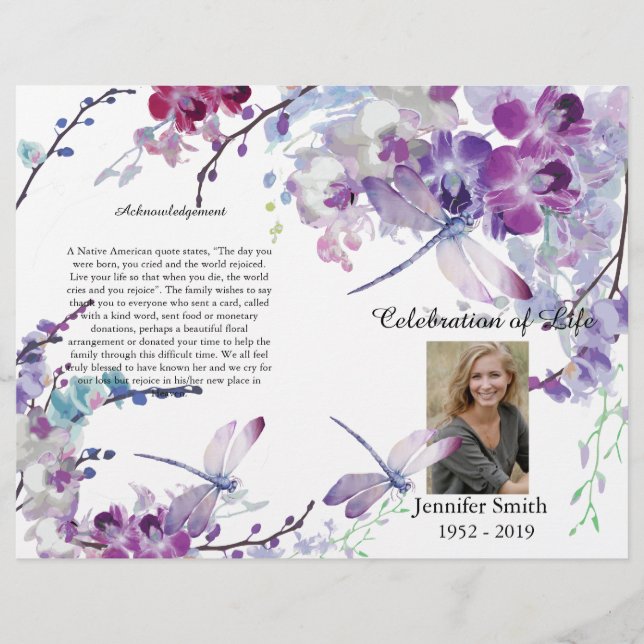 Purple Orchids Hummingbird Funeral Program Flyer (Front)
