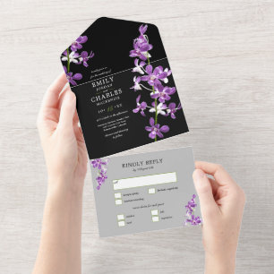 Purple Orchids, Modern Elegant Wedding All In One Invitation