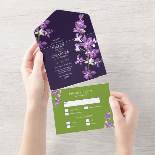 Purple Orchids, Modern Elegant Wedding All In One Invitation