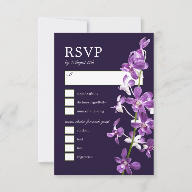 Purple Orchids, Modern Elegant Wedding RSVP Card (Front)