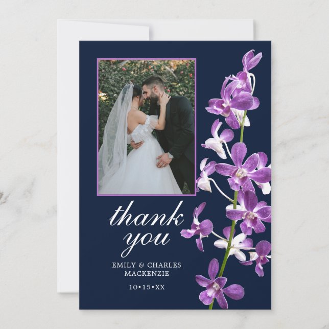 Purple Orchids, Modern Elegant Wedding Thank You Card (Front)