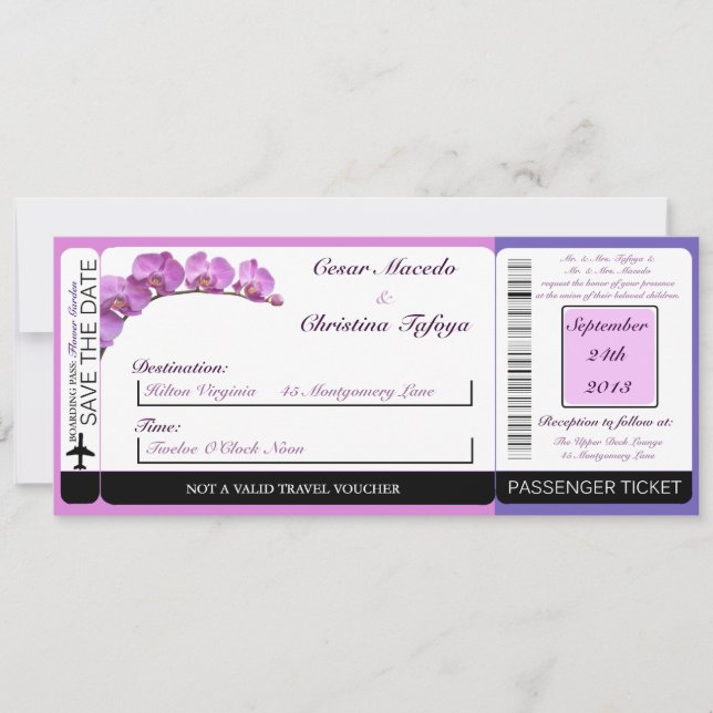 Purple Orchids on Boarding Pass Wedding Invitation (Front)