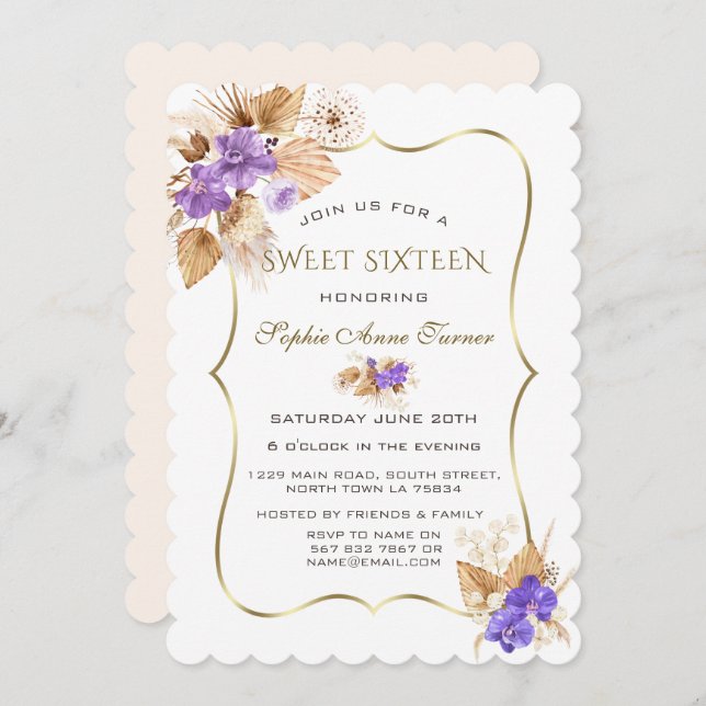 Purple Orchids Pampas Grass Gold Frame Sweet 16   Invitation (Front/Back)