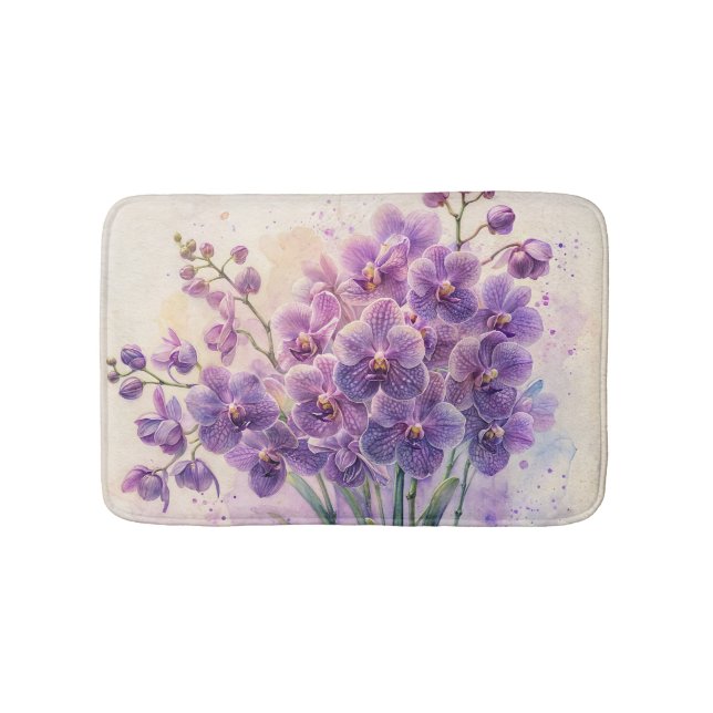 Purple Orchids Watercolor Art Bath Mat (Front)