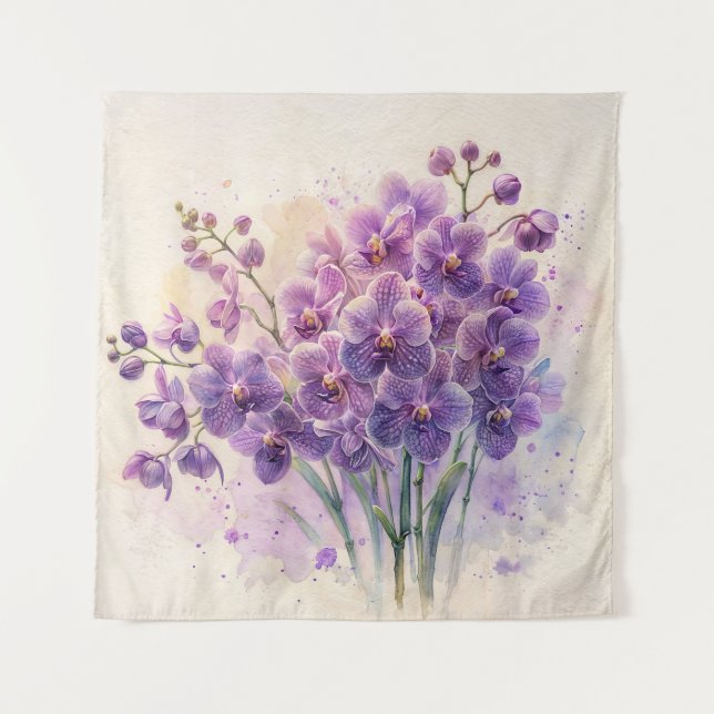 Purple Orchids Watercolor Bouquet Tapestry (Front)