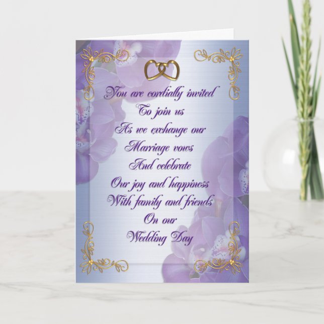 Purple orchids Wedding invitation gold hearts (Front)