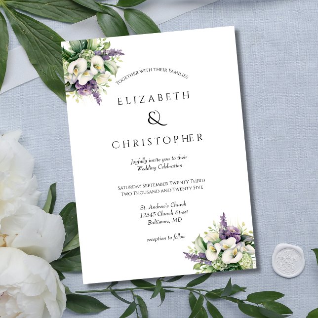 Purple Orchids White Calla Lilies Floral Wedding  Invitation (Purple Orchids White Calla Lilies Floral Flowers Modern Elegant Wedding Invitation)