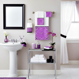 Purple oriental design bath towel set