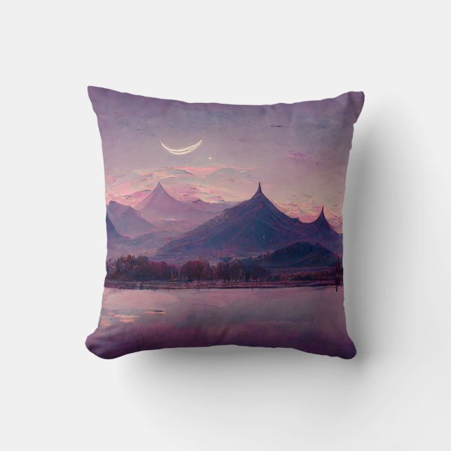 Purple Oriental Landscape Painting Cushion (Front)
