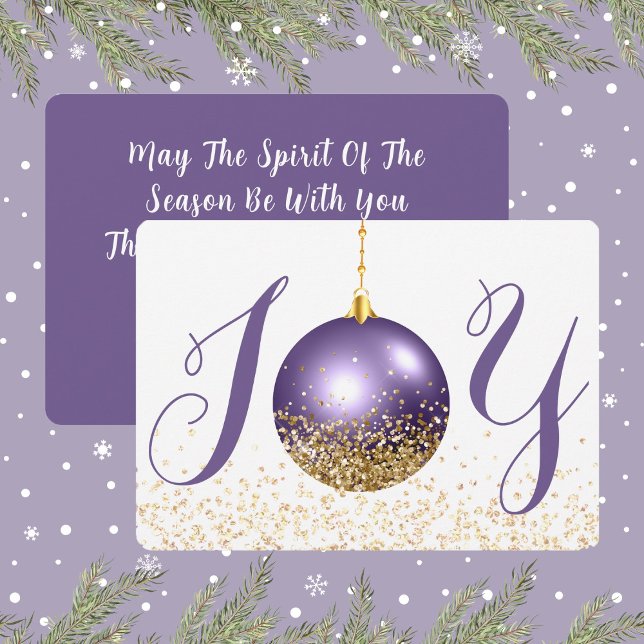 Purple Ornament Joy Christmas Greeting Holiday Card (Joy In Purple and Gold Look Glitter Christmas Holiday Card)