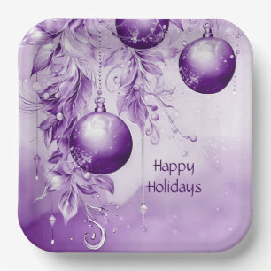 Purple Ornaments Christmas Holiday Paper Plate