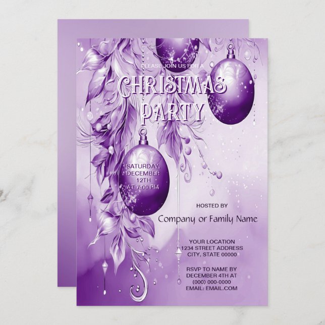 Purple Ornaments Christmas Party Invitation (Front/Back)