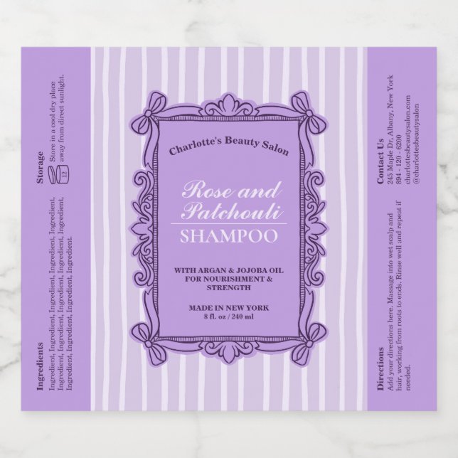 Purple Ornate Bow Frame Shampoo Bottle Label (Single Label)