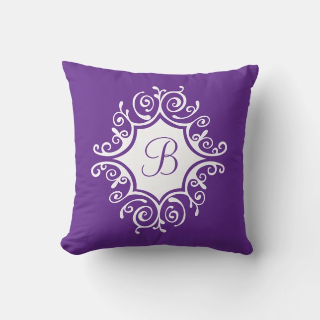 Purple Ornate White Swirls Frame with Monogram Cushion (Front)