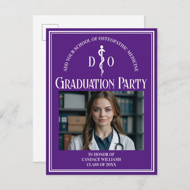Purple Osteopathic Medical School Graduation Party Invitation Postcard (Front/Back)