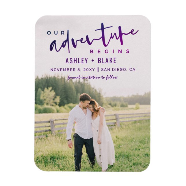 Purple Our Adventure Begins Photo Save the Date Magnet (Vertical)