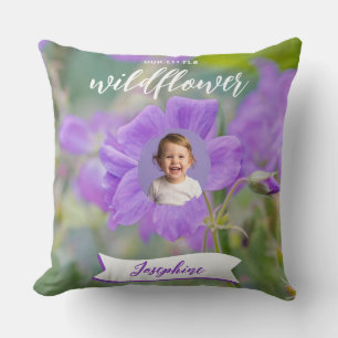 Purple Our Little Wildflower Custom Kid Photo Name Cushion