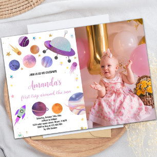 Purple Outer Space Birthday Invitations with photo