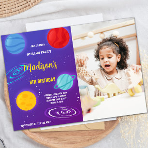Purple Outer Space Birthday Invitations with photo