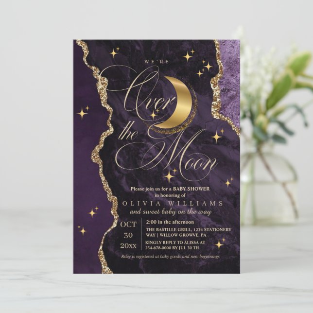  Purple Over the Moon Gold Stars Baby Shower  Invitation (Standing Front)