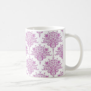 Purple over White Floral Damask Pattern Coffee Mug