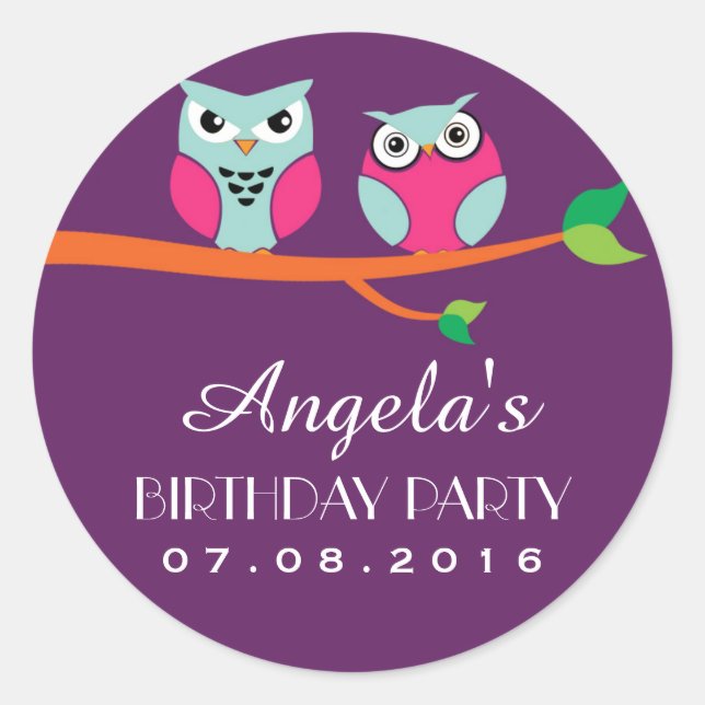 Purple Owl Cartoon Birthday Sticker for Kids Party (Front)