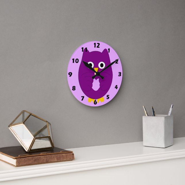 Purple Owl Design Round Clock (Office)