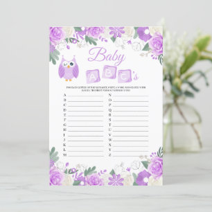 Purple Owl Floral Baby Shower Baby ABC's Game Card