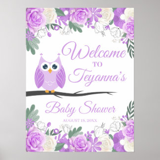 Purple Owl Floral Baby Shower Welcome Sign