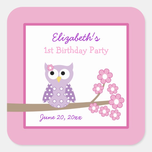 Purple Owl Girl Square Favour Stickers (6 Large) (Front)