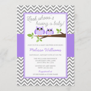 Purple Owl Grey Chevron Girl Baby Shower Invitation