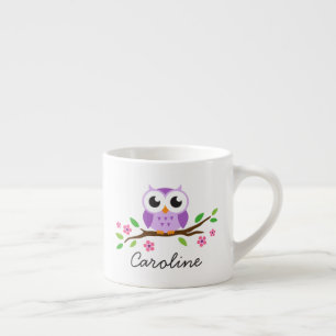 Purple owl on branch cute personalised name espresso cup