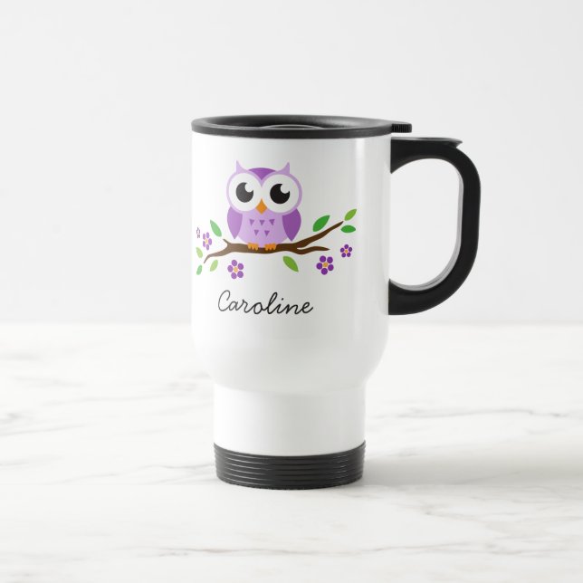Purple owl on flowering branch personalised name travel mug (Right)