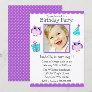 Purple Owl Party 1st Birthday Girl Photo Invitation