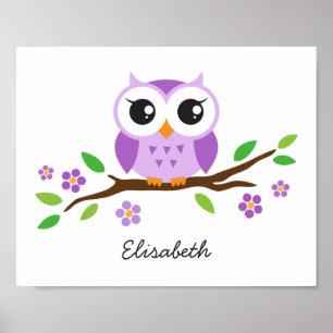 Purple owl personalized nursery wall art for girls
