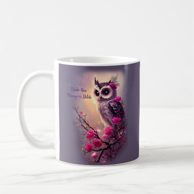Purple Owl & Pink Flowers  Coffee Mug (Left)